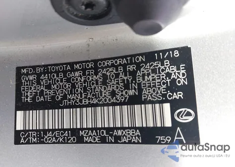 2019 Lexus Ux 200 z USA, uszkodzony, nr VIN JTHY3JBH4K2004397